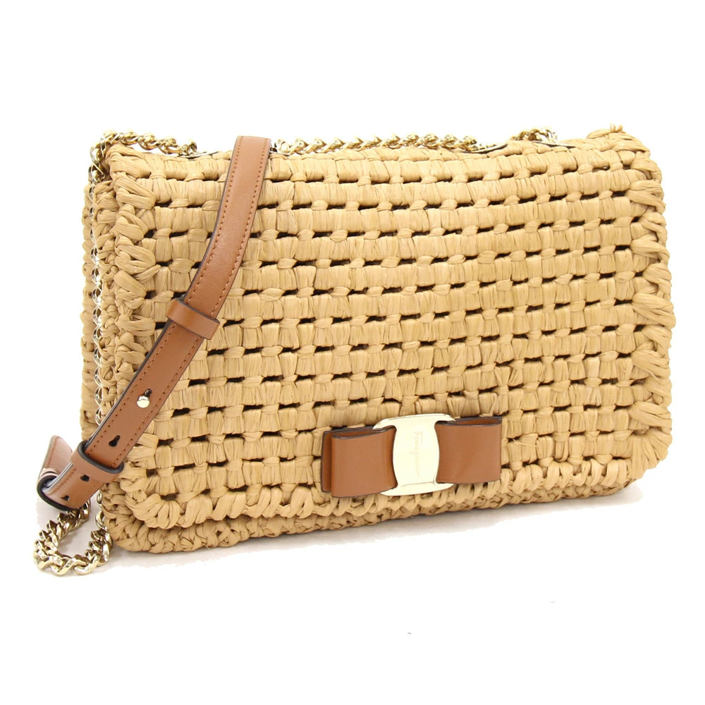 Salvatore Ferragamo Vara Shoulder Bag Brown Leather Raffia Bag Bag Inner